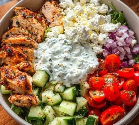 Colorful Greek chicken bowl with fresh vegetables, olives, and feta cheese.