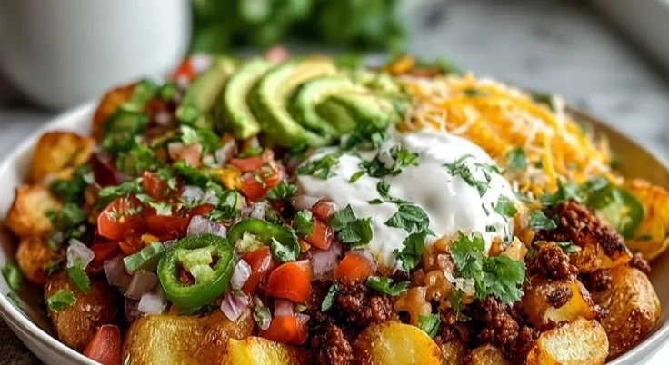 Delicious loaded potato taco bowl with toppings and garnishes