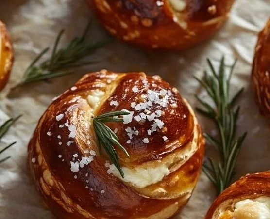 Mozzarella stuffed rosemary parmesan soft pretzels, freshly baked and golden brown