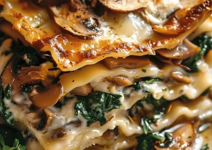 Mushroom Spinach Lasagna with layers of spinach and mushrooms