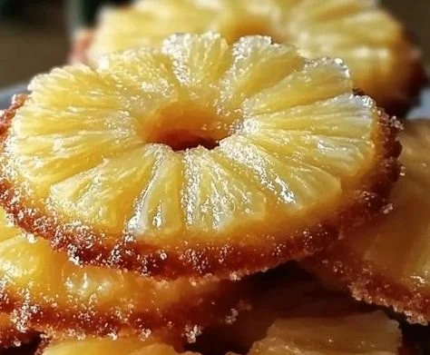 Pineapple upside down sugar cookies on a plate, garnished with pineapple slices.