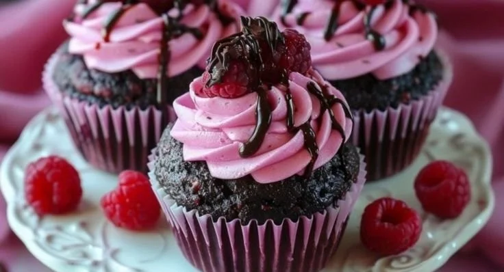 Raspberry Chocolate Lava Cupcakes with melted chocolate center and fresh raspberries