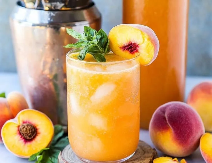 A glass of refreshing peach lemonade with slices of fresh peaches and lemons