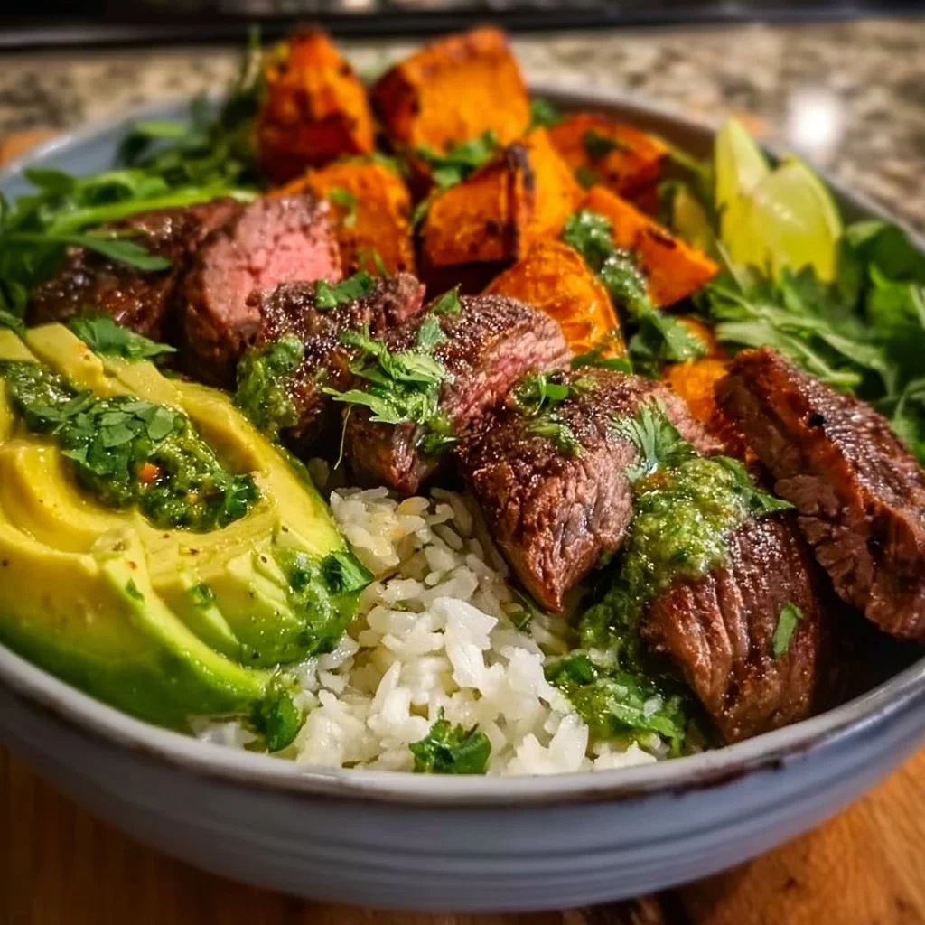 Steak and Sweet Potato Bowl with Avocado-Cilantro Drizzle