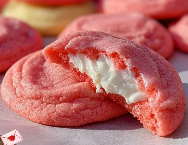 Strawberry cheesecake cookies layered with creamy cheesecake and strawberry flavor.