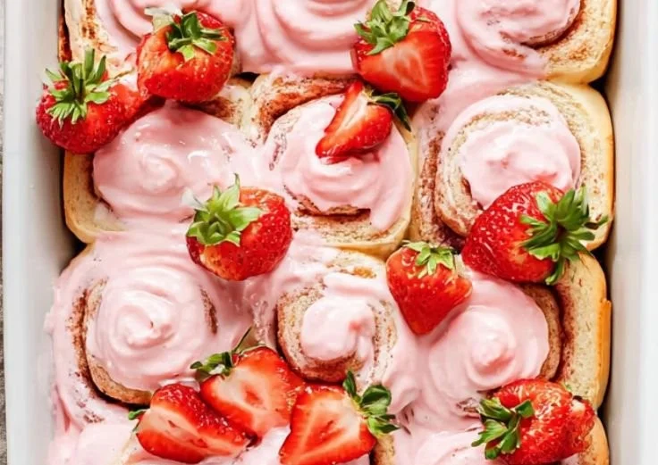 Freshly baked strawberry cinnamon rolls topped with frosting and strawberries